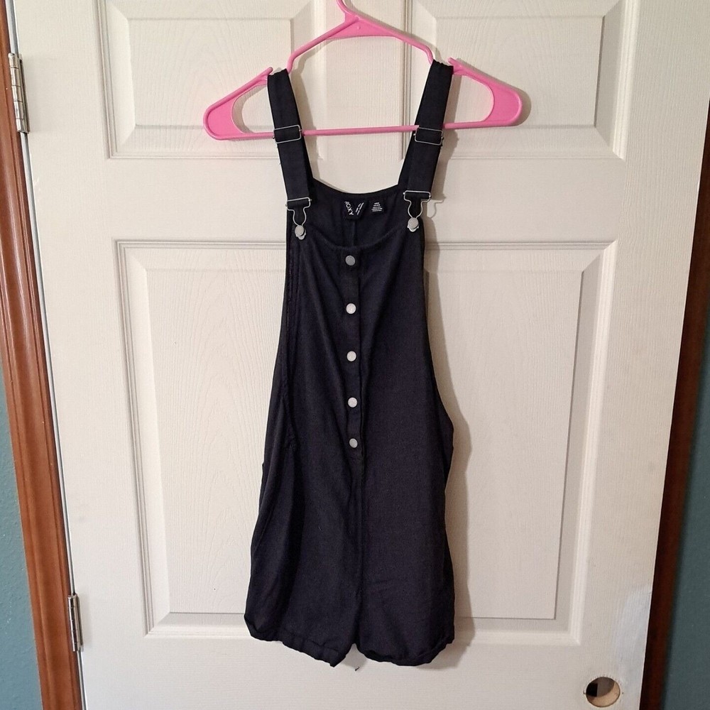 Roxy Overall Shorts Size M Black Linen Blend Pockets Cuffed Hem Shortalls EUC